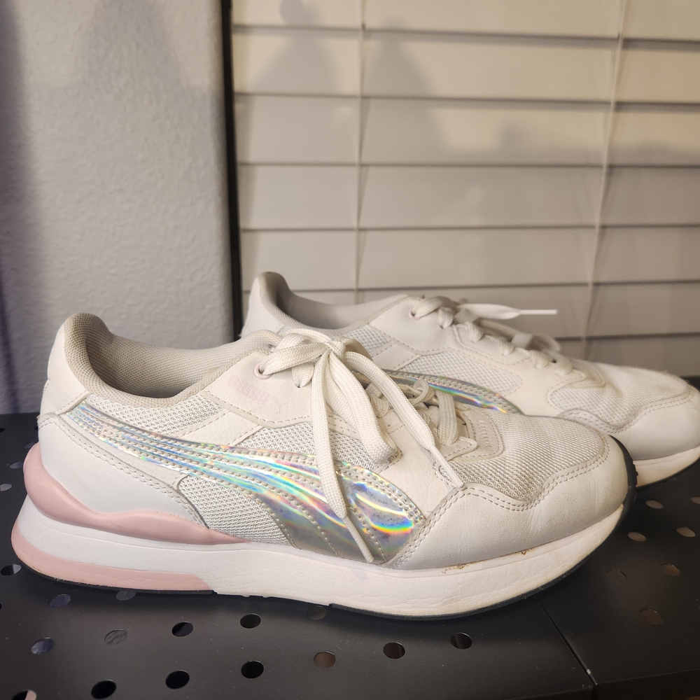 Puma White Sneakers with Pink and Iridescent Accents